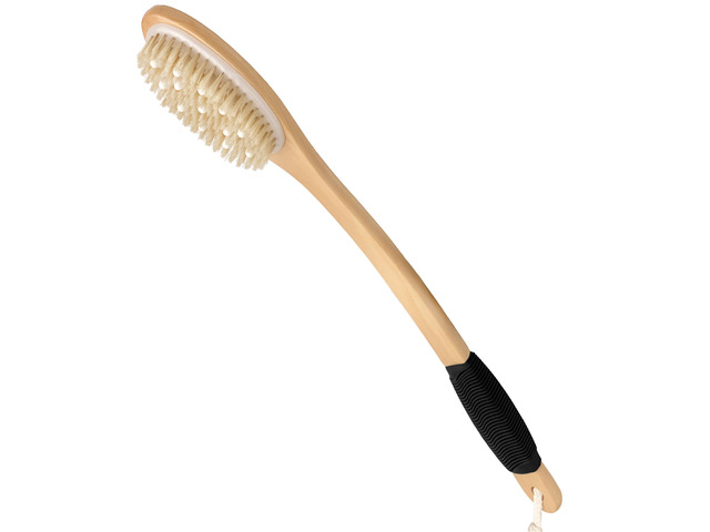 Bath Brush with Cellulite Massagers, Wooden Curved Long Handle Antiskid Dry Brushing Body Brush for Exfoliating, Natural Bristle Back Scrubber for...
