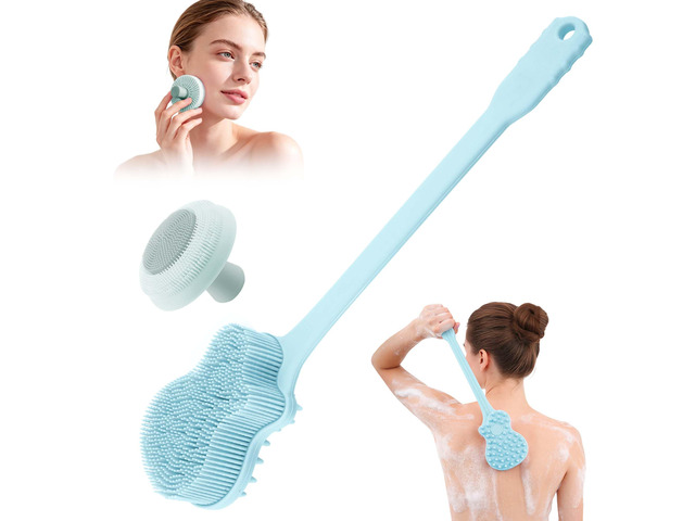 Silicone Body Scrubber & Face Scrubber Set for Shower, Exfoliating 2Pcs Back & Face Brush Set, Long Handle Guitar Back Scrubber + Mushroom Face...