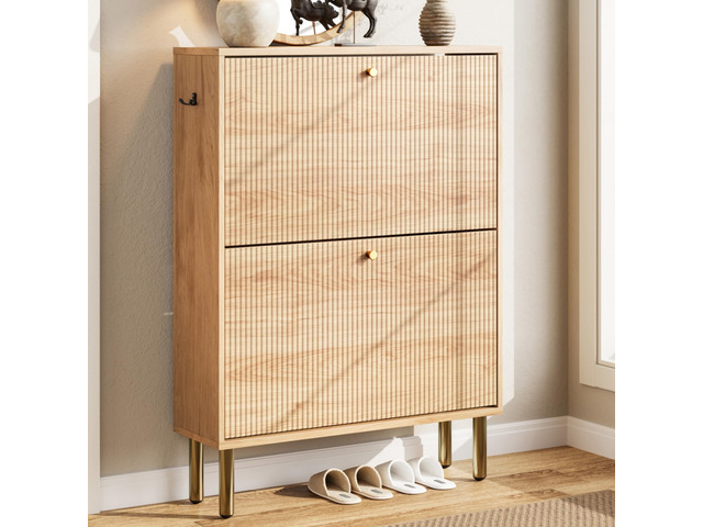 Shoe Storage Cabinet for Entryway - Flip Shoe Cabinet with Tiered Fluted Design - Slim Shoe Storage Rack with Gold Legs - Narrow Shoe Cabinet...
