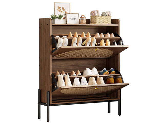 Rattan Shoe Cabinet Storage with 2 Flip Drawers, Walnut Free Standing Wooden Shoe Storage Organizer Cabinet with Rattan Doors for Entryway,...