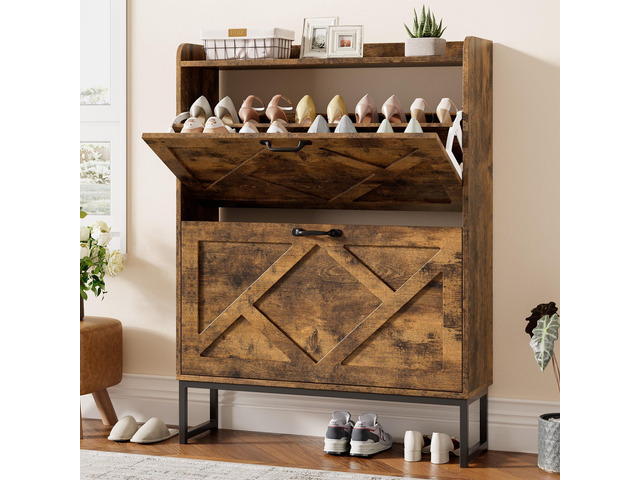 Shoe Storage Cabinet with 2 Flip Drawers, Freestanding Wood Shoe Organizer with Metal Legs, Farmhouse Slim Shoe Rack for Entryway, Foyer, Hallway,...