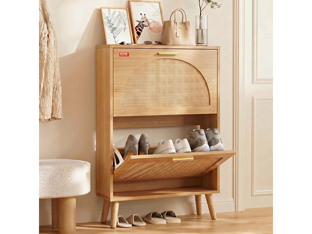 Shoe Cabinet with 2 Flip Drawers, Shoe Storage Cabinet for Entryway, Free Standing Shoe Storage Organizer with Rattan Doors for Heels, Boots,...