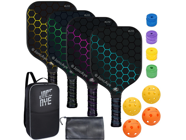 Pickleball Paddles Set of 4 USAPA Approved Fiberglass Rackets 4 Outdoor Indoor Balls, Racquet Bag, Overgrip Tape, Accessories for Beginners,...