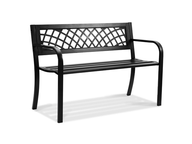 Outdoor Bench, 46' Iron Steel Frame Garden Park Bench with Mesh Pattern and Plastic Backrest Armrests, Patio Bench for Garden, Park, Yard, Front Porch