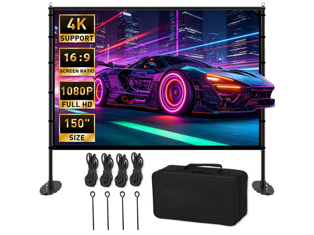 150 inch Projector Screen with Stand, 16:9 4K HD Portable Outdoor Movie Screen, Wrinkle-Free Foldable Indoor Projection Screen with Carry Bag &...