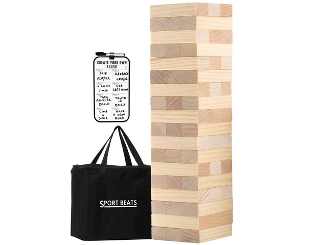 Outdoor Games Large Tumble Tower 54 Wood Blocks Stacking Game, 5 FT Tall Numbered Blocks with Dry-Erase Rules Board & Carry Bag, Outdoor Backyard...