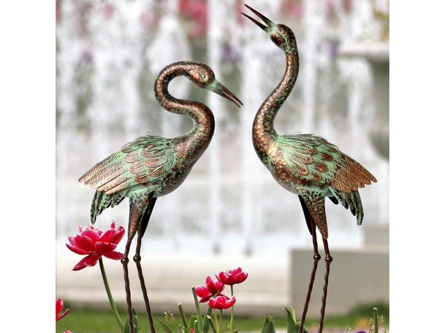 Metal Heron Garden Statue Life-Size Crane Set Indoor Yard Decor Handmade Gift