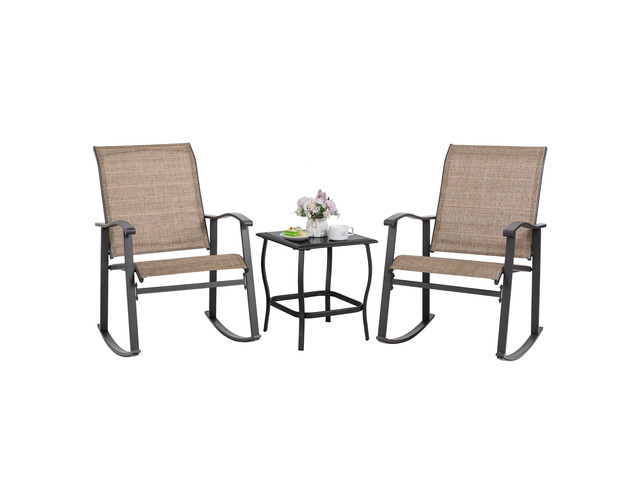 Rocking Chair Outdoor with Table, 3 Piece Rocking Patio Bistro Set, Outdoor Furniture Set with Metal Frame and Textilene Fabric for Small Space, Brown