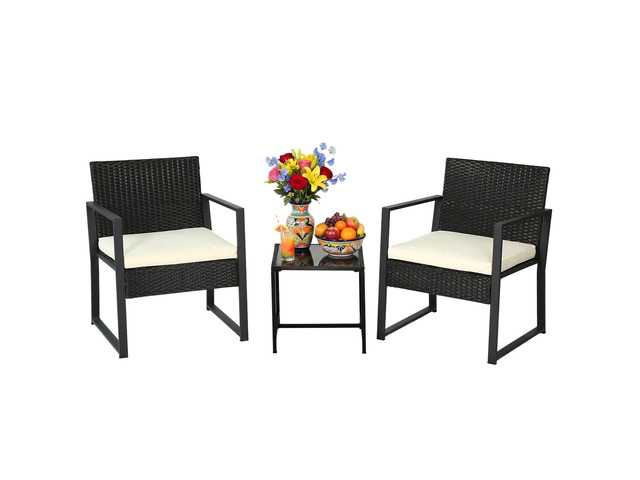 3-Piece Patio Furniture Set Khaki Outdoor Wicker Furniture with Coffee Table Modern Rattan Chairs Conversation Set Outdoor Seating ...
