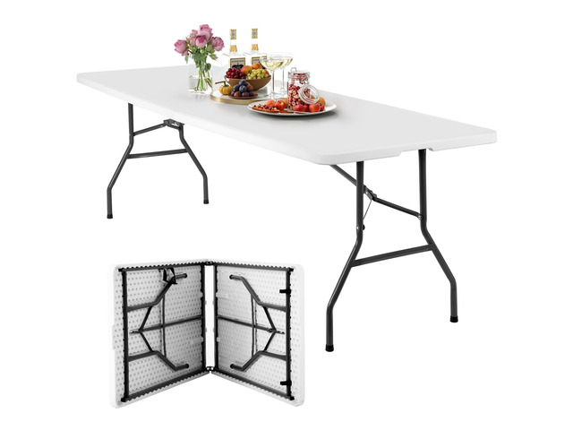 8FT Folding Table White Portable Plastic Table with Carry Handle Waterproof & Foldable Table Design Steel Frame with Lock for Events,...
