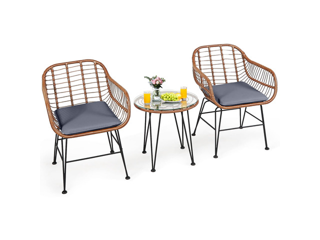 3 Pieces Patio Conversation Bistro Set, Outdoor Wicker Furniture w/Round Tempered Glass Top Table & 2 Rattan Armchairs, Bistro Chat Set w/Seat...