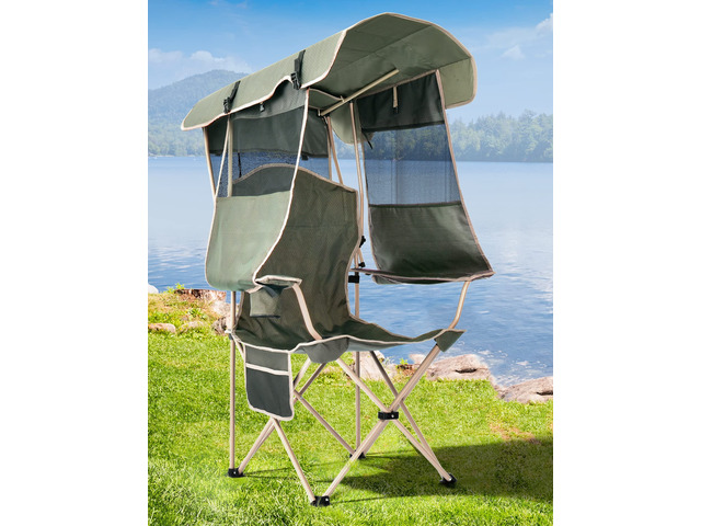 Camping Chair with Canopy Shade - Canopy is the Backpack Full Sun Protection, 330 LBS Heavy Duty, Cup Holder, Side Pocket, Beach Chair with...