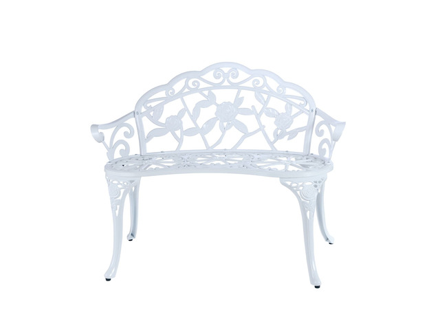 Patio Garden Bench Metal Park Bench Cast Aluminum Outdoor Furniture with Floral Rose for Patio,Park,Lawn,Yard (White)