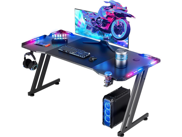 47 Inch Gaming Desk with App-Controlled RGB LED Lights, Black Z-shaped frame design, cup holder, headphone hook, cable management & mouse pad,...