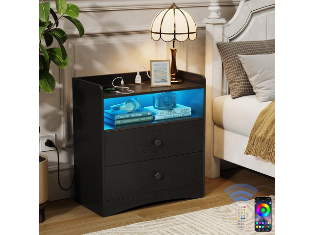 Nightstand with Charging Station and LED Light, Black Modern Nightstand, USB Ports, Outlets, Wooden Bedside Table, 2 Storage Drawers, Small...
