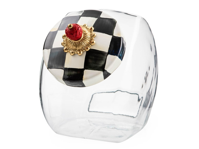 Glass Cookie Jar with Lid, Black-and-White Courtly Check Hand-painted design, decorative kitchen jar with enamel lid, ideal for storing treats,...
