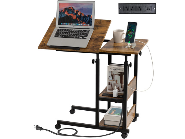 Adjustable C Table with Charging Station, Tiltable Desk C Shaped End Table for Couch, Over Bed Table with Wheels Adjustable Height, Hospital Table...