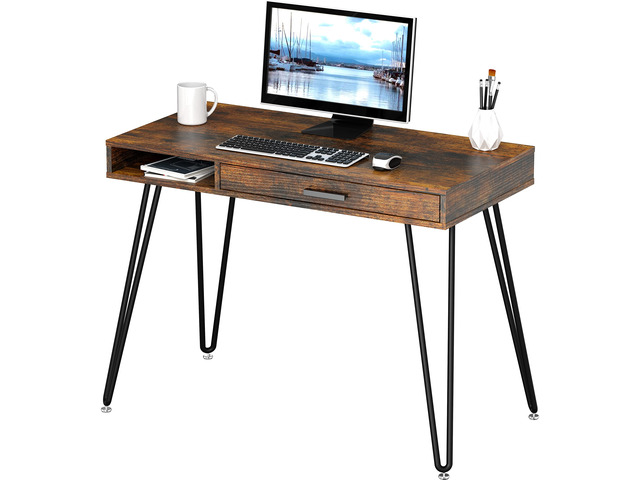 Home Office Computer Hairpin Leg Desk with Drawer, Rustic Brown