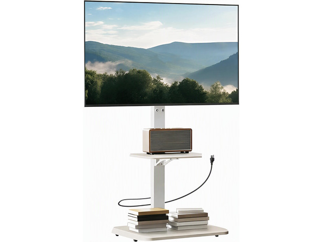 Floor TV Stand with Power Outlet for 3275 inch TVs up to 110 lbs 12 height settings, swivel +/-35°, tilt up 8°, adjustable shelf, wood base,...