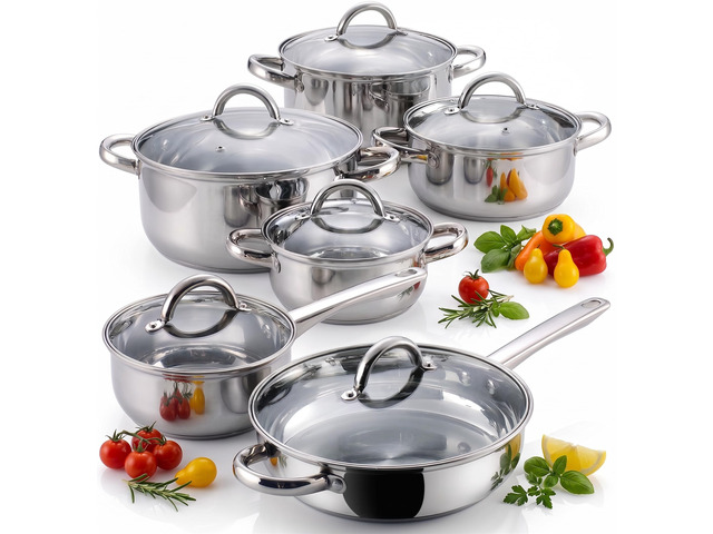 Kitchen Cookware Sets, 12-Piece Basic Stainless Steel Pots and Pans, Silver