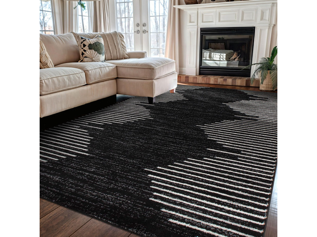 Bohemian Stripe Stain Resistant High Traffic Area Rug Black 5' x 7' Fade Resistant, Living Room, Bedroom, Dining Room, Home Office, Kitchen,...