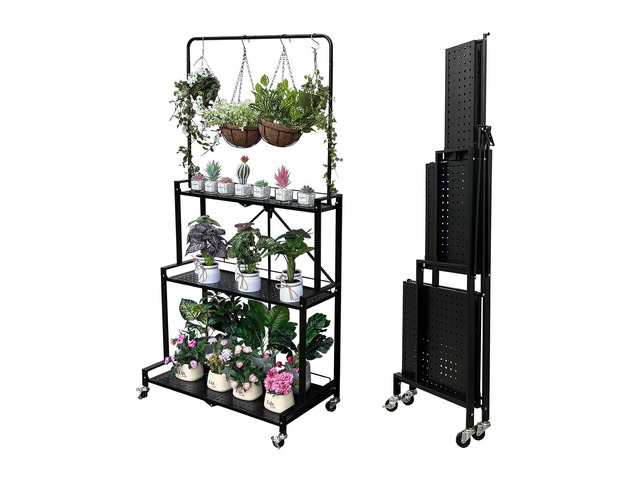 Foldable 4-Tier Plant Stand With Wheels Indoor Outdoor Black Hanging Plant Shelf No Assembly Required Pot Placement Area Sturdy Fall Prevention...