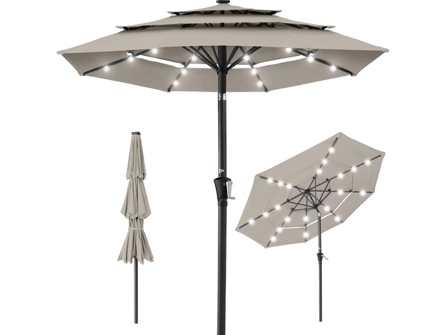 10ft 3-Tier Solar Patio Umbrella, Outdoor Market Sun Shade for Backyard, Deck, Poolside w/ 24 LED Lights, Tilt Adjustment, Easy Crank, 8 Ribs - Beige