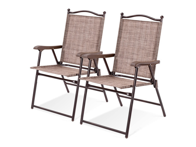 Set of 2 Patio Folding Dining Chairs, Outdoor Sling Lawn Chairs with Armrests, Steel Frame, Portable Camping Lounge Chairs for Backyard, Deck,...