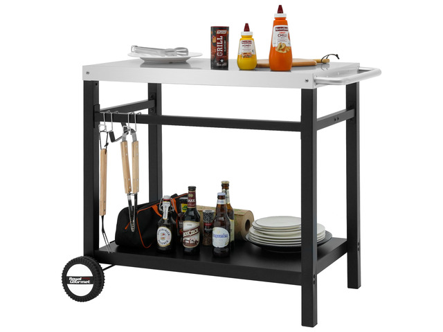 Dining Cart Table with Double-Shelf PC3401S (Silver) Movable Stainless Steel Flattop Grill Cart, Hooks, Side Handle, Multifunctional