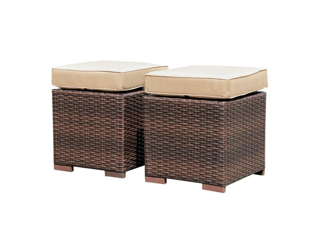 2 Pieces Assembled Outdoor Patio Ottoman, Dark Brown Wicker,Beige Indoor Outdoor All-Weather Rattan Footstool Footrest Seat, No Assembly...