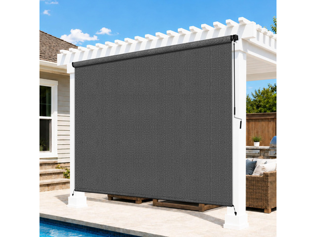 7'W x 8'H Gray Patio Shades Roll up Outdoor Roller Shade Crank Wand Blind Cordless, 90% UV Blocking & Privacy Protection for...
