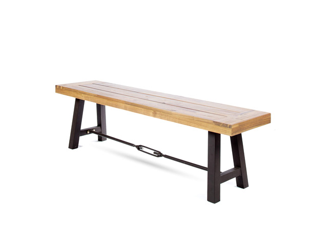Catriona Outdoor Acacia Wood Bench with Metal Accents, Teak Finish / Rustic Metal 14. 50 x 63 x 17. 75 inches