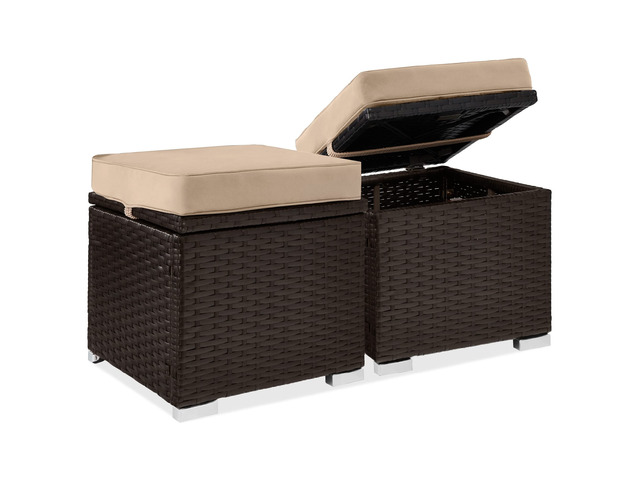 Set of 2 Wicker Ottomans, Multipurpose Outdoor Furniture for Patio, Backyard, Additional Seating, Footrest, Side Table w/Storage, Removable...