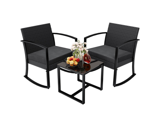 3 Pieces Outdoor Furniture Set Patio Bistro Rocking Chairs with Glass Coffee Table for Pool Beach Backyard Balcony Porch Deck Garden, Black