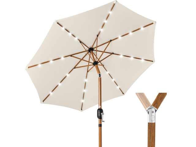 10ft Solar Market Patio Umbrella w/Woodgrain Pattern Pole, LED Lights, Tilt & Crank - Outdoor Sun Shade for Backyard Table, Deck, Poolside - Ivory