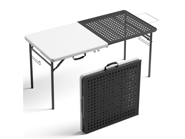 5ft Folding Table for Picnic Camping, Portable Outdoor Table with Metal Grid Grilling Surface, Heavy Duty Foldable Table for Cook Prep,Suitable for...