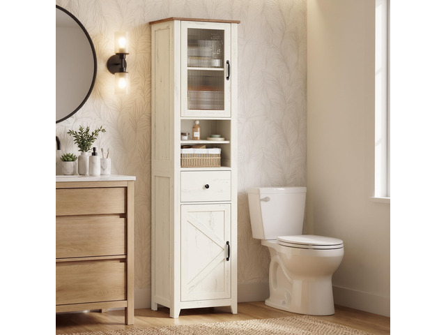 Tall Bathroom Cabinet, Narrow Space Saver, 15.7 x 12.4 x 67.3 inch Farmhouse Freestanding Storage Cupboard with Drawer and Doors, Rustic White...