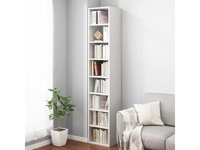 Small Narrow Corner Bookcase - 71' Tall Gap Storage Cabinet, White Modern Minimalist Style, MDF Material, Adjustable Shelves, 8 Cubes Open...