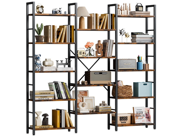 Triple Column 5 Tier Bookshelf, Industrial Large Bookcase Display Shelves, Large Etagere Bookshelf, Wide Book Shelf Book Case for Home & Office,...