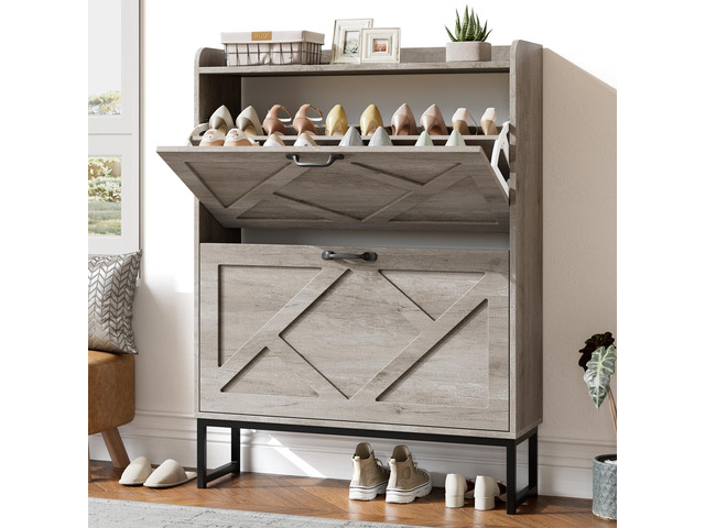Shoe Storage Cabinet with 2 Flip Drawers, Entryway Organizer, Gray Slim Shoe Cabinet with Metal Legs, Narrow Farmhouse Shoe Organizer for...