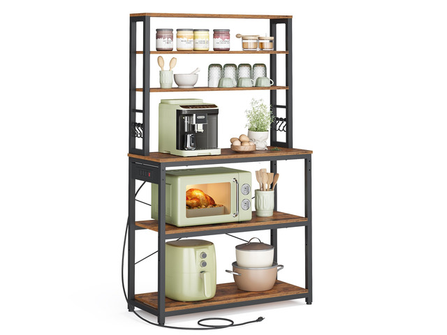 Coffee Bar, 31.5 Inches 6-Tier Baker's Rack with 6 Hooks Modern Basic Microwave Stand, 31.5 x 15.8 x 65.8 Inches, Rustic Brown and Ink Black,...