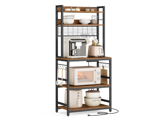 Bakers Rack with Power Outlet, 23.6 Inches Microwave Stand Kitchen Storage Shelf, Metal Wire Panel, 23.6 x 15.7 x 66.9 Inches, Rustic Brown and...