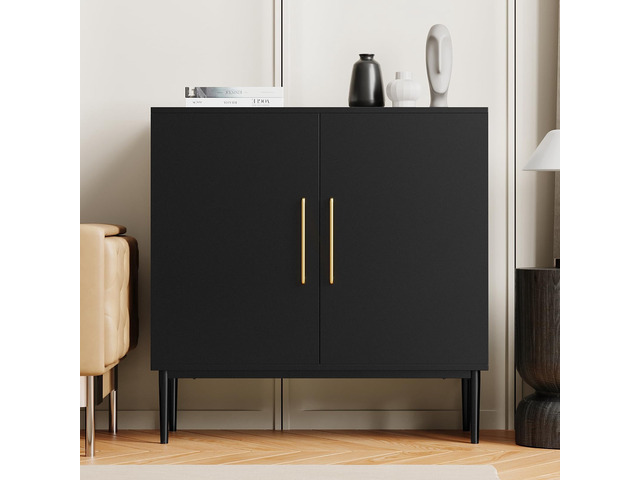 Black Storage Cabinet with Doors, Modern Accent Cabinet, Free Standing Cabinet with Adjustable Shelf, Wooden Buffet Sideboards for Living Room,...