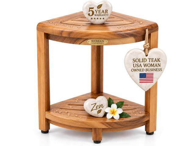 2-Tier Teak Corner Shower Shelf with Foot Rest for Bathroom Solid teak corner shower shelf crafted from sustainably sourced teak with natural...