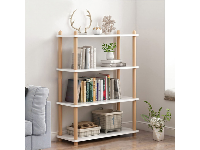4-Tier Wooden Shelf Bookcase, Freestanding Open Bookshelf, White Beech Wood Frame, 0.63' Shelves, Display Storage for Books, Plants, Decor,...