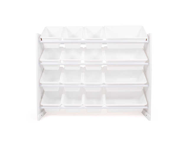 Kids Toy Organizer with 16 Bins, 4 Tier Storage for Playroom Sturdy wood and steel toddler shelf, removable BPA-free containers, wall anchor...