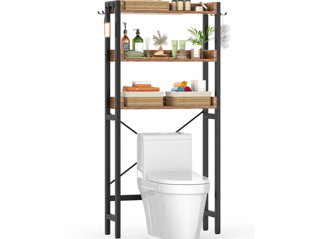 Over-The-Toilet Storage Rack, 3-Tier Bathroom Organizer Shelf Over Toilet, Freestanding Space Saver Toilet Stands with 4 Hooks, Rustic Brown