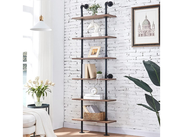 Industrial Pipe Bookshelf,6 Tier Pipe Shelving for Living Room Wall Mounted Pipe Shelving,Fits in Small Spaces,MDF Board with Metal Frame,...