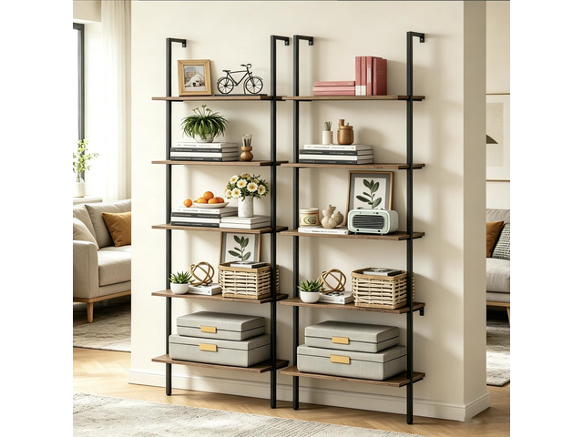 5 Tiers Ladder Shelf 2-Piece Black Modern Tall Bookshelf Open Large Tall Wall Mount Storage Bookcase Standing Leaning Wall Shelves Industrial...