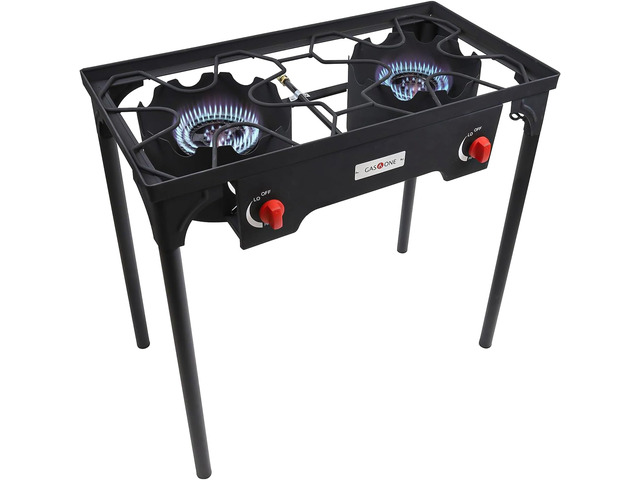 Propane Double Burner Two Burner Camp Stove Outdoor High Pressure Propane 2 Burner Adjustable PSI Regulator and 4ft Hose With Removable Legs